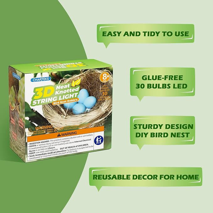 CHARTEKS Bird Nest Craft Kit with LED String Lights - DIY Nature Arts and Crafts STEM Project for Kids & Adults, Creative Home Decor Gift for Boys Girls Ages 8-12