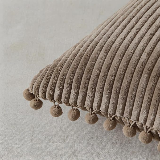 Fancy Homi Set of 2 Light Brown Decorative Throw Pillow Covers 16x16 Inch with Pom-poms, Boho Farmhouse Home Decor, Soft Corduroy Square Cushion Case for Living Room Couch Bed Sofa 40x40 cm