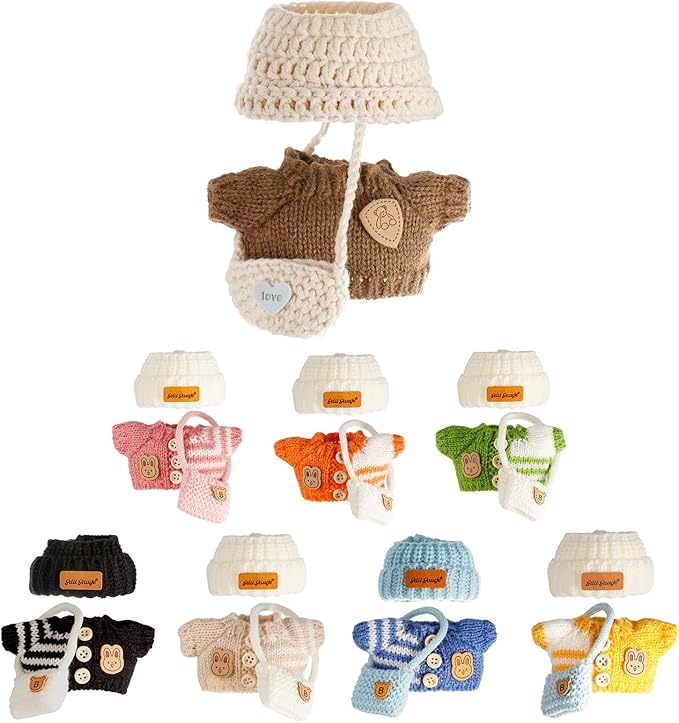 Clothes for 17cm Dolls, Clothes Set for 17cm Doll, Crochet 3 Piece Set Hat Clothes Backpack for Dolls, Stylish Adorable Dolls Clothes Accessories (No Doll) (Brown)