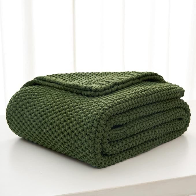 Chunky Cable Knit Throw Blanket Lightweight Olive Green 100% Organic Cotton Blanket for Sofa Couch Bed Baby Nursery, Rustic Shabby Chic Modern Farmhouse, 51” x 63” Give Laundering Bag