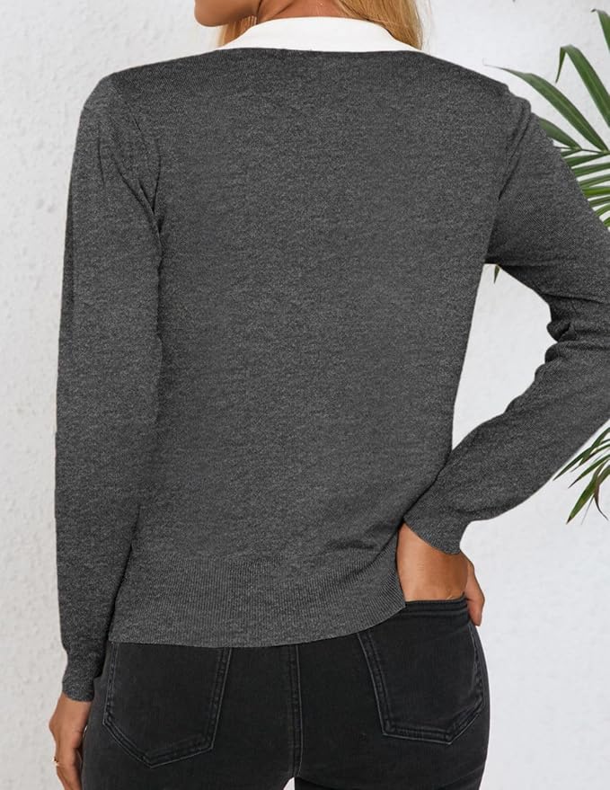 Women's Long Sleeve Classic V Neck Casual Fall Winter Polo Sweater Tops | Basic Collared Knitted Fashion Work Business Formal Daily Wear Versatile Pullover Shirts
