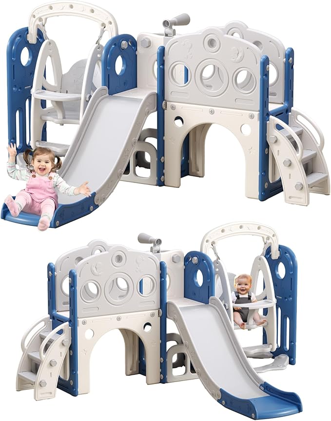 GITAWUSA 9 in 1 Toddler Slide and Swing Set, Slide for Toddlers 1-3, Kids Indoor Outdoor Playset Playground with Basketball Hoop, Telescope