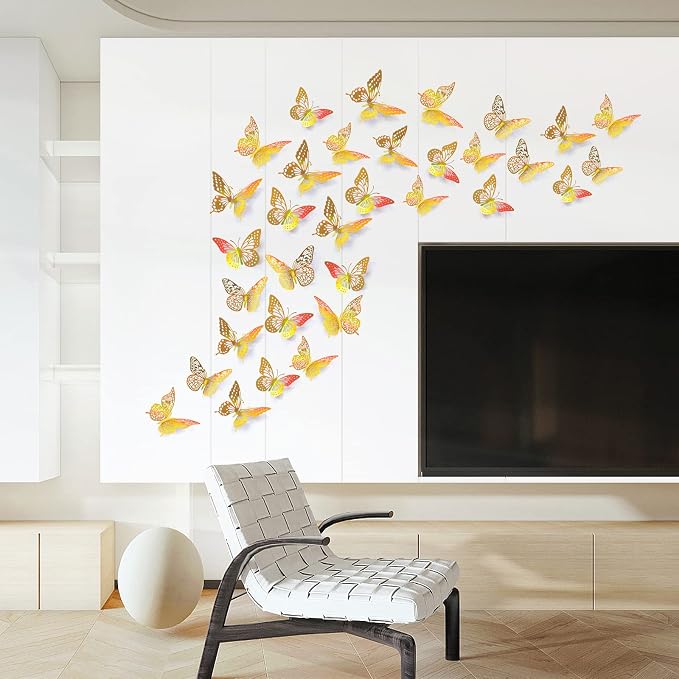 SAOROPEB 3D Butterfly Wall Decor 48 Pcs Laser Gold Butterfly Decorations | 4 Styles 3 Sizes, Birthday Decorations Butterfly Party Decorations&Butterfly Cake Decorations-Removable Gold Butterfly