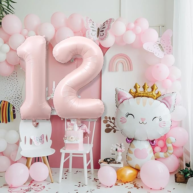 Foil 12 Balloon, Dusty Light Blush Pink Big Number 12 Balloons for Girls Birthday Party Decor, 40'' Mylar Helium Self Inflating Number 12 Baby Pastel Pink Balloon for 12th Birthday Party Decorations