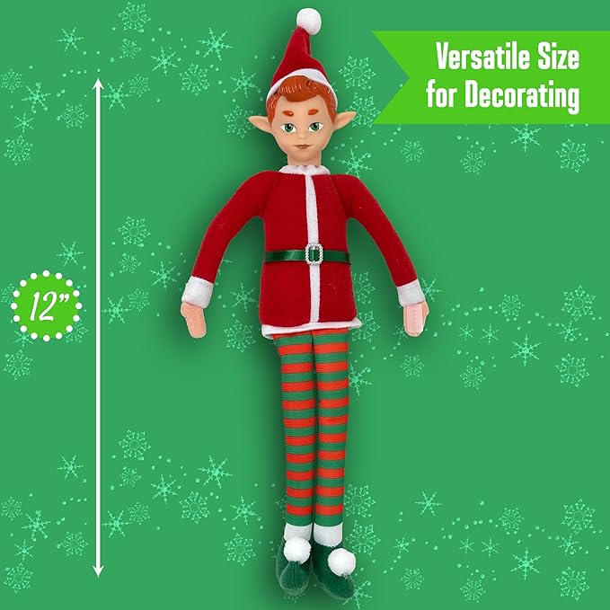The Original Elf 12" Plush Christmas Elf Doll – Poseable Shelf Sitter with Dangling Legs – Perfect for Christmas Decorations, Toy Elf for Kids, Mini Elf Christmas Elves, and Elf Tree Topper