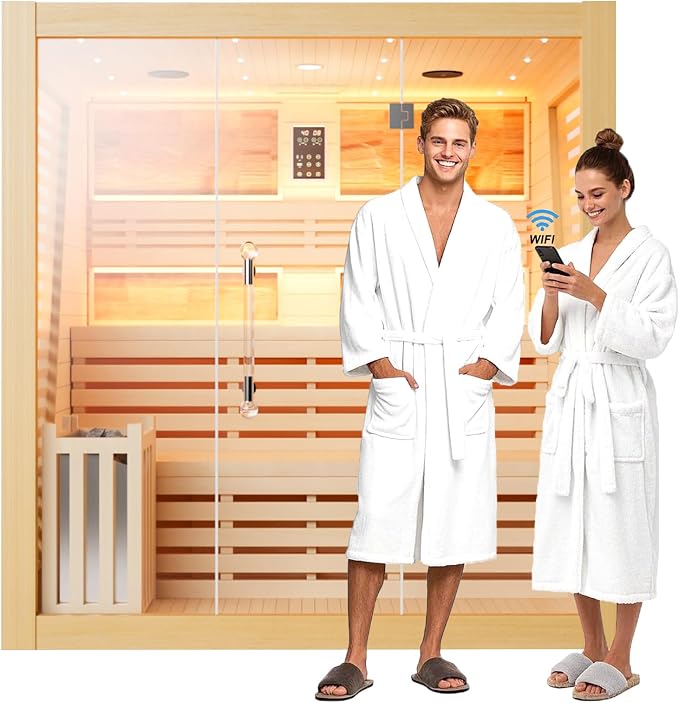 Smartmak Wood Home Steam Sauna, WiFi Control 6 Person Canadian Hemlock Traditional Luxurious Wooden Indoor Spa Room, with 6 kw Heater, Speaker, Rocks, Water Bucket, Spoon, Sky Lights
