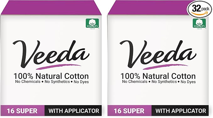 Veeda 100% Natural Cotton Tampons - Super Absorbency with Leak Proof Protection - Compact BPA-Free Applicator - Unscented & Free from Chlorine, Toxin - 16 Count (Pack of 2)