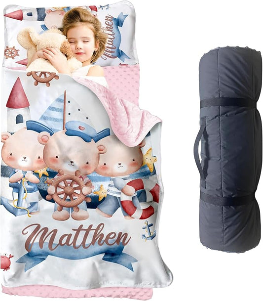 Personalized Toddler Nap Mat for Girls – Custom Name Kids Nap Mat – Daycare Sleeping Mats with Removable Pillow and Soft Minky Dot Blanket for Preschool, Travel, Kindergarten