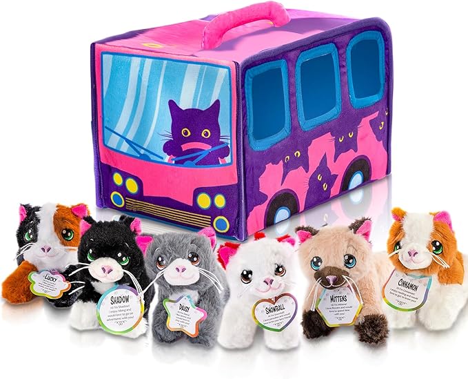 ArtCreativity 7-Piece Plush Cat Set, 6" Stuffed Animals Assortment with Carrier Bus, Cute Small Toys for Girls, Kitty Toys, Classroom, Birthday Gifts Soft Plush Kittens