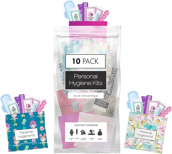 Menstrual Kit All-in-One 10 Pack - Assorted Colors | Convenience on The Go | Period Kit Pack for Travelling, Tweens & Teenager | Individually Wrapped Feminine Hygiene Product