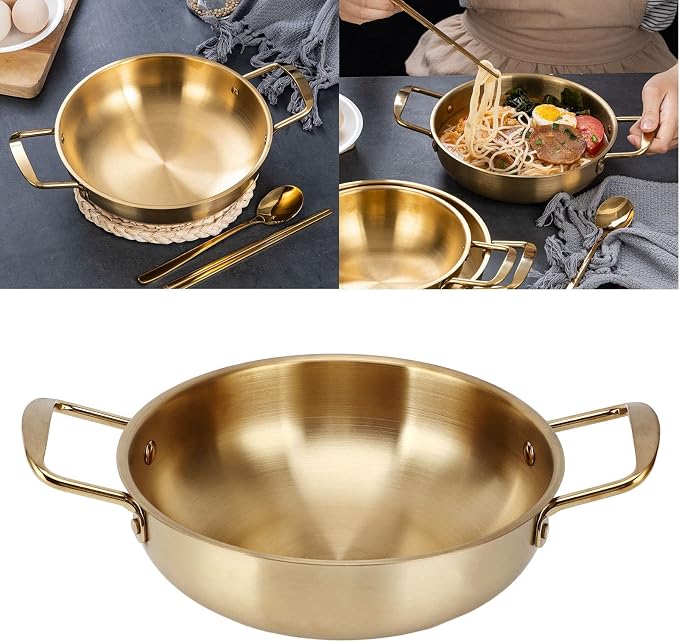 Korean Ramen Noodle Pot with Handles, Stainless Steel Ramen Cooking Pot Korean Noodle Pot without Lid, Golden Korean Cooking Pot for Soup, Noodle, Pasta, Home and Outdoor (28cm)