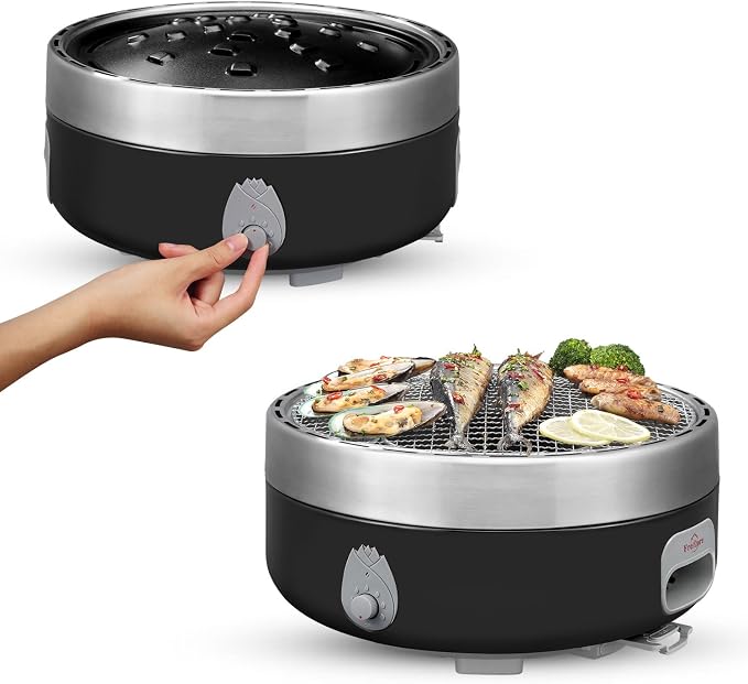 Portable Charcoal Outdoor BBQ Grill For Camping With Travel Bag - Small Tabletop Smoke ＆ Smokeless Pan Optional - Built In Electric Fan Power Supplied By Battery Charger Or Power Bank. (Luxury Black)