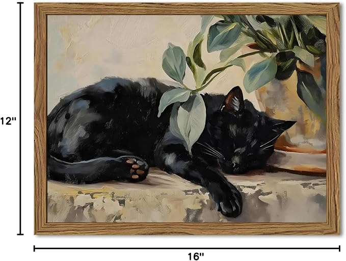 Framed Black Cat Canvas Wall Art, Vintage Sleeping Cat with Plant Picture Wall Decor Paintings, Cute Animal Poster Prints Rustic Aesthetic Home Decor for Living room Bedroom Bathroom 12x16 inch