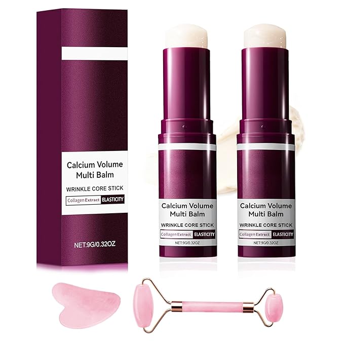 KUNAL 2pcs Calcium Multi Balm Stick with Facial Roller Set,Calcium Volume Multi Balm,Wrinkle Core Stick, Korean Collagen Moisturing,Hydrating, Firming Skin, Suitable for Eyes, Neck, Face