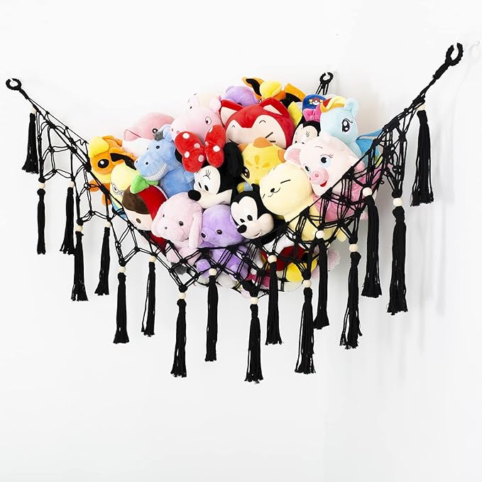 Large Stuffed Animal Net Toy Hammock with Tassel-Corner Hanging Net for Plush Toy Holder Boho Macrame Toy Display,Toy Storage Organizer for Kids Room, Nursery, Bedroom