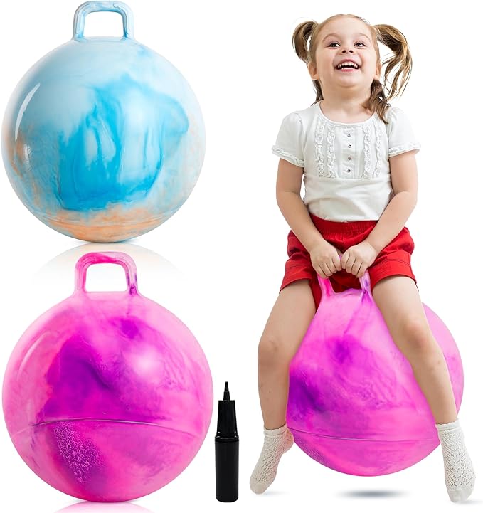 Upper Rider 2 Pack Clouds Hopper Ball for Kids, 18 Inch Bouncy Balls with Handle, Inflatable Hopping Toys for Boys and Girls Ages 3-8, Blue & Purple Pink Balls with Pump and Gift Boxes
