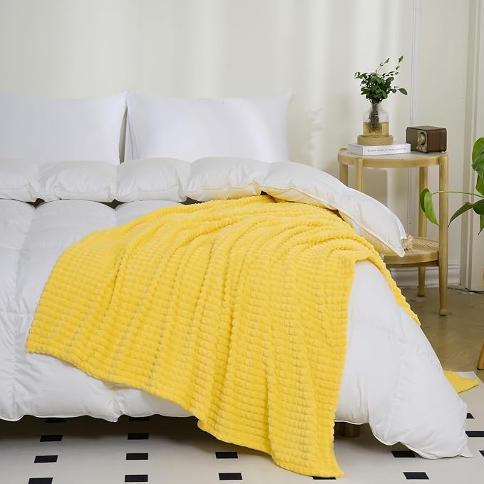 Puncuntex Fleece Throw Blanket Bright Yellow 50"×60"with Square Grid Design | Super Soft Plush Cozy Flannel Throw Blanket Luxury for Couch Sofa Chair