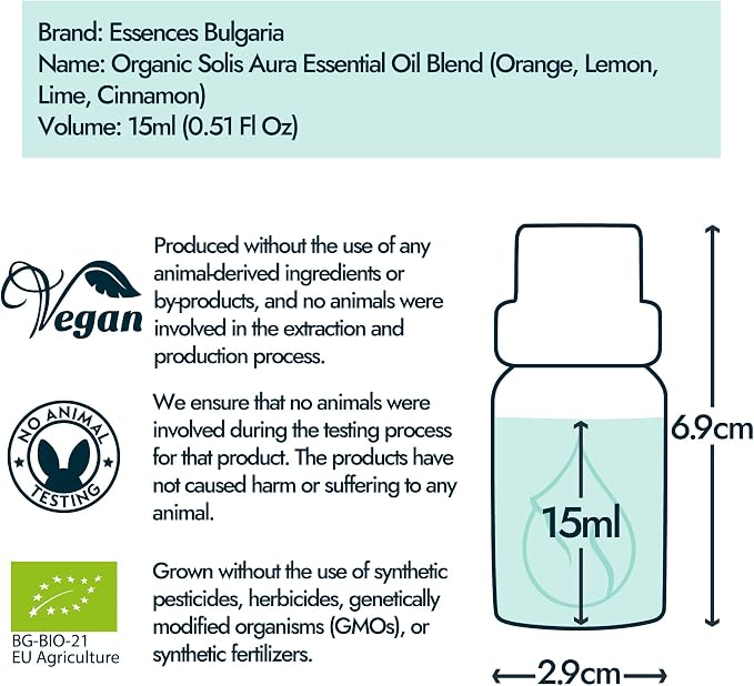 Essences Bulgaria Solis Aura Organic Essential Oil Blend 0.51 Fl Oz | 15ml | Orange, Lemon, Lime, Cinnamon | Aromatherapy, Sauna & SPA | 100% Pure & Natural | Undiluted
