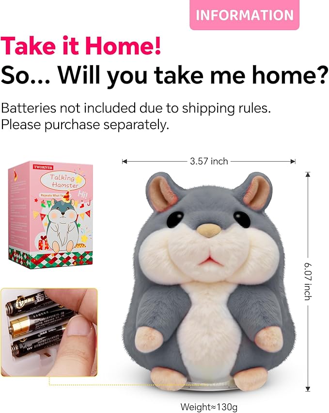 Toddler Toys Talking Hamster Repeats What You Say,Toys for 2 3 4 5 6 7 8 13 Year Old Girl Boy Birthday Gifts Ideas,Christmas Stocking Stuffers for Kids Adults Stuffed Animals Plush Toy Gray