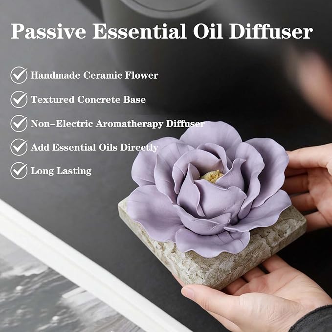 Ceramic Passive Essential Oil Diffuser, Aesthetic Desktop Handmade Flower & Concrete Base, Porcelain Aromatherapy Oils Diffuser for Home, Office, Yoga, Spa Room (Purple Peony)