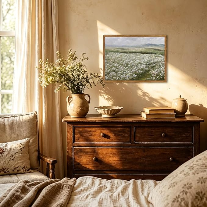 Framed Vintage Landscape Wall Art, Country Wildflower Field Pictures Wall Decor, Rustic Nature Flower Paintings Canvas Prints Farmhouse Home Decor for Living Room Bedroom Bathroom 12x16 inch