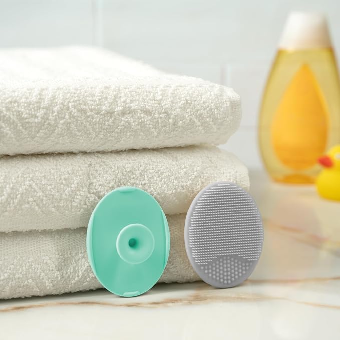 S&T INC. Exfoliating and Massaging Cradle Cap Bath Brushes for Baby, Silicone - 2 Inch x 2.5 Inch, Grey and Teal, 2 Pack