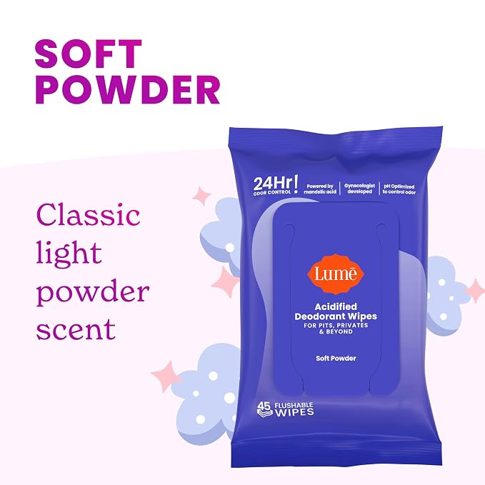Lume Acidified Deodorant Wipes - 24 Hour Odor Control - Aluminum Free, Baking Soda Free, Skin Loving - Flushable - 15 Count (Soft Powder)