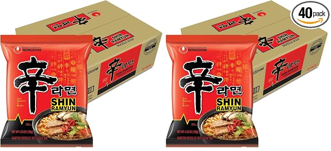 Nongshim Shin Ramyun Noodles, Spicy Korean Signature Instant Ramyun, Rich Beef Flavored Broth, Microwaveable, Korean Instant Noodles, 4.23 oz, Packaging May Vary. (Pack of 40)