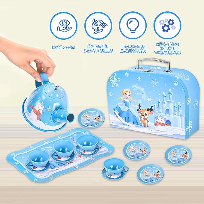 Princess Tea Party Set for Little Girls Ages 3-6, 15-Piece Pretend Play Kitchen Toys with Teapot, Cups, Plates & Storage Case, Princess Gift Set