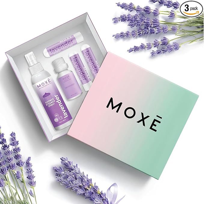 MOXE Lavender Aromatherapy Gift Set, 100% Pure Essential Oil, Shower Steamer Spray, Portable Nasal Inhalers, Diffuser Essential Oil, Sinus & Congestion Relief, Therapeutic Grade, Made in USA