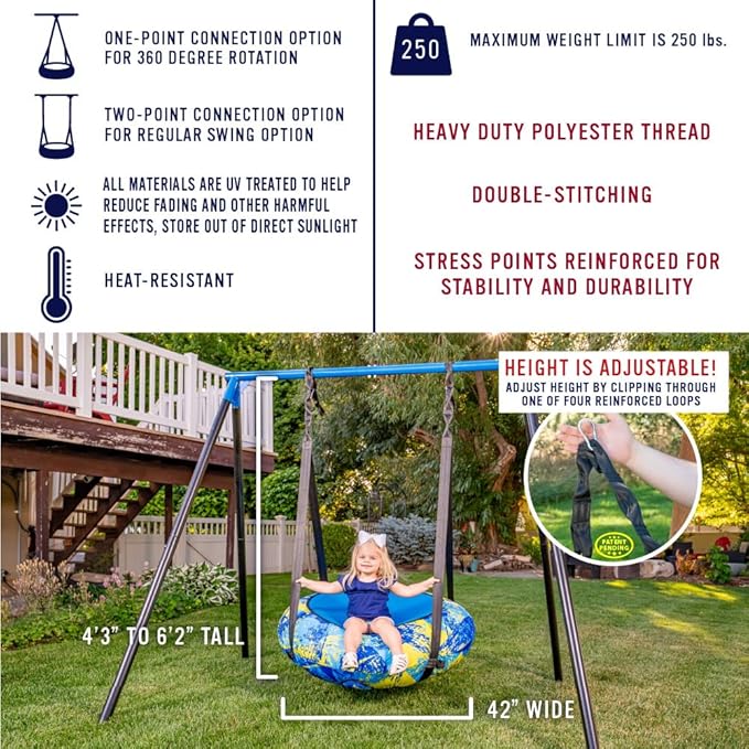 AIR Swing Giant 42” Inflatable Heavy Duty Saucer Swing Indoor Outdoor Playground, Jungle Gym, or Tree Ages 3+ UV-Protected Cover Durable Tube-Frame Adjustable Hanging Straps Carabiners - Blue/Yellow