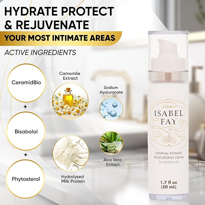 Isabel Fay Anti-itch Vaginal Moisturizer for sensitive skin. Non irritating. No hormones. Prevents and relieves dryness itching, pinching and burning.