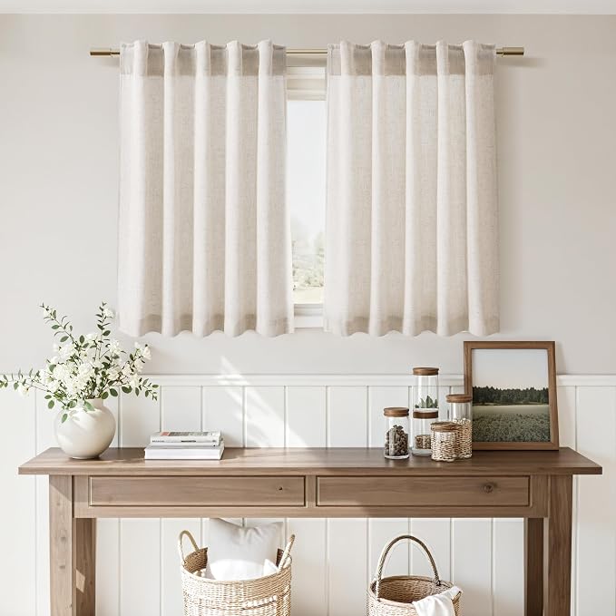 Nanspring Beige Farmhouse Curtains 30 Inch Length for Kitchen Linen Blend Semi Sheer Curtains Back Tab and Rod Pocket Rustic Farmhouse Decor for Cafe Small Window Curtain 36 x 30 Inch, 2 Panels