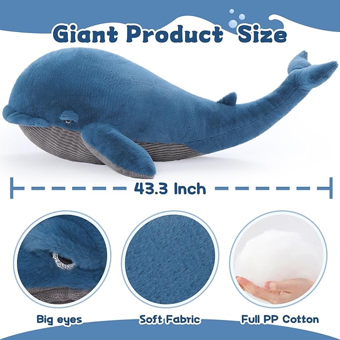 Tezituor 43.3 inch Giant Whale Stuffed Animal, Large Realistic Stuffed Whale Plush Ocean Toys, Hugging 4ft Soft Whale Plush Body Pillow for Girls Boys