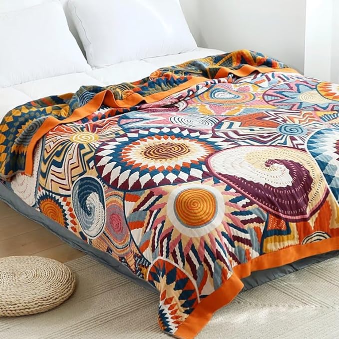 Boho Throw Blanket for Bed 100% Cotton Bohemian Blankets Ultra Soft Woven Muslin Decorative Blankets All Seasons Vintage Quilt Knitted Blanket for Sofa Chair (Colorful, 60"x80")