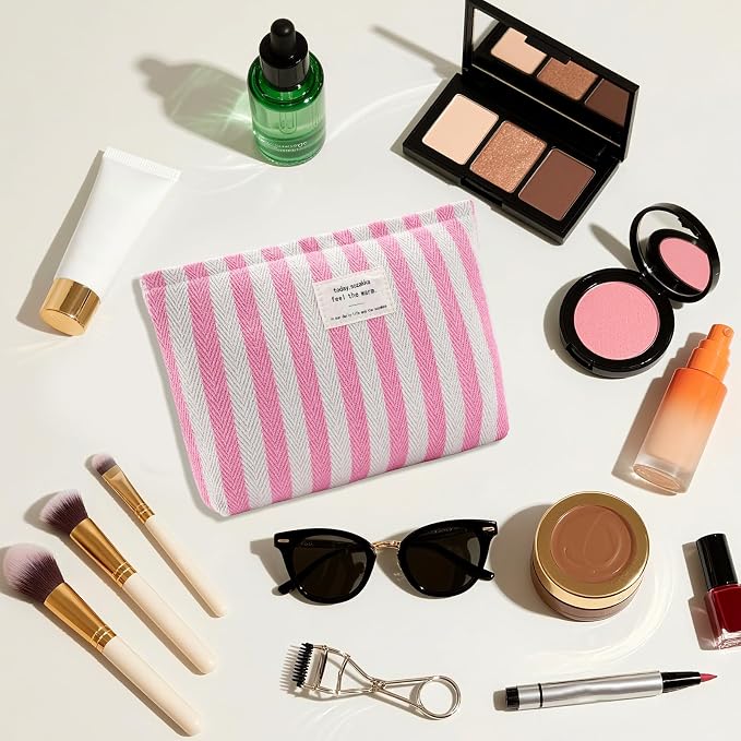 ZLFSRQ Striped Makeup Bag Large Canvas Travel Makeup Bag for Women Cosmetic Pouch Cute Pink Striped Make Up Pouch for Purse Y2k Aesthetic Trendy Zippered Toiletry Bags Gift Skincare Storage Organizer