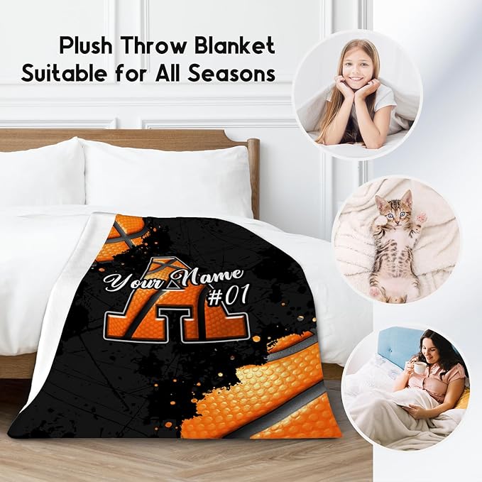 Custom Basketball Blanket - Personalized Gifts for Boys Girls - Cozy Soft Initial Throw for Basketball Lovers - 60x80 Inches Large Blankets for Adults - Sports Decor Ideas for Him Her