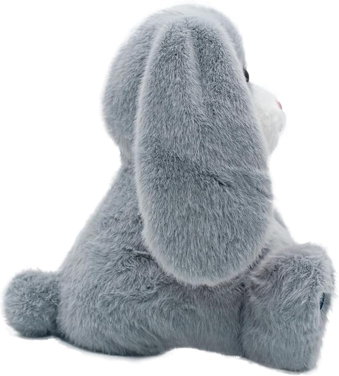 YH YUHUNG Interactive Talking Bunny Plush – Two Modes: Record (10s) & Repeat Talk-Back, 10 Songs, Flapping Ears, Volume Up/Down, Soft Gray-Pink, 3×AA Required, Ages 3+