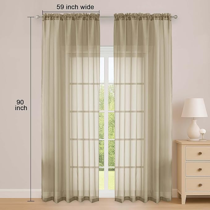 OWENIE Taupe Sheer Curtain 90 Inches Long 2 Panels Set, Solid Filmy Drapes for Living Room Bedroom, Elegant Window Voile Sheer Curtain Panels Drapes, 2 Pcs, Each 59" Wx90 L Inch