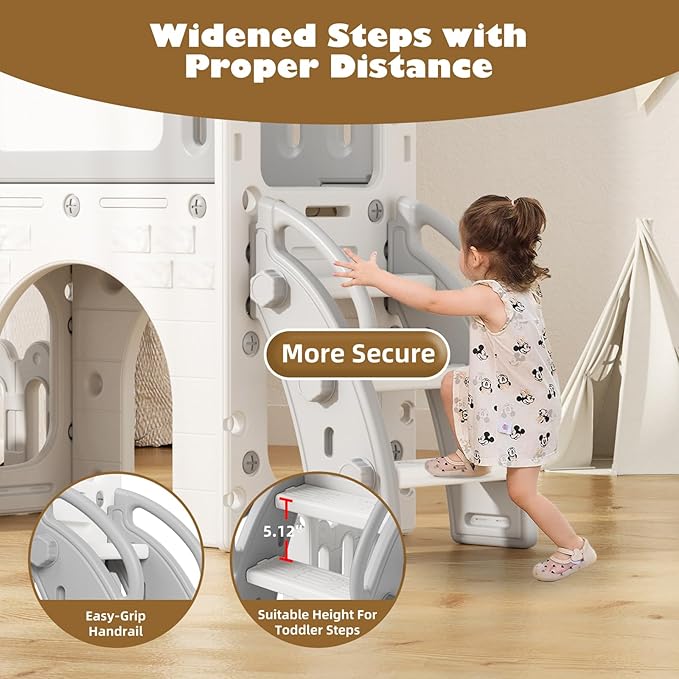 Glaf Toddler Slide 9 in 1 Outdoor Playset Playground Indoor Kids Baby Slides for Toddlers Age 1-3 with Climber Basketball Hoop Telescope Drawing Board and Storage Space for Backyard (Grey)