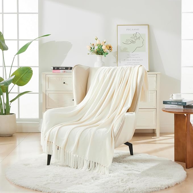 CozeCube Chenille Throw Blanket, Cream White Fringe Blanket, 50"X60" | For Couch, Cozy Plush Fuzzy Decorative Blanket with Fringe Tassels, Lightweight Throws for Bed Sofa Gift Home Decor