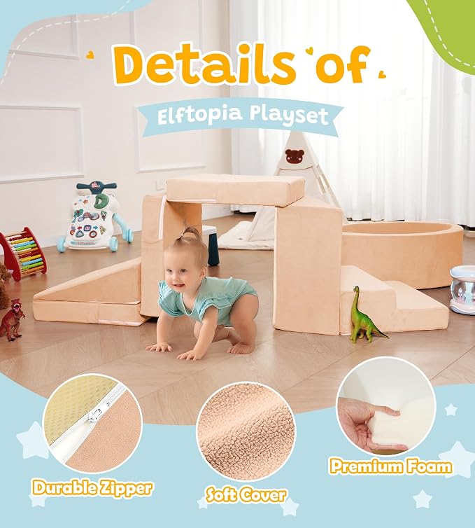 Elftopia Foam Climbing Blocks with Ball Pit & Stairs for Toddlers Aged 1-3 -Soft Playset for Indoor Crawling, Foam Playground Set for Baby to Active Playing Inside -(Balls NOT Included),Beige