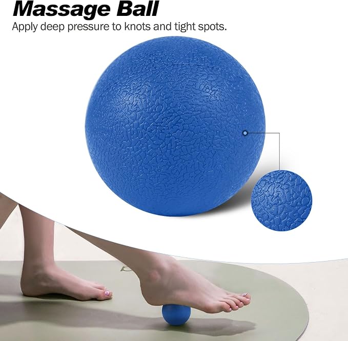 JOYENERGY 5 in 1 Foam Roller Set Trigger Point Foam Roller, Massage Roller Stick, Massage Ball, Stretching Strap for Deep Muscle Massage Pilates Yoga, Fitness Exercise for Whole Body (Blue Diamond)