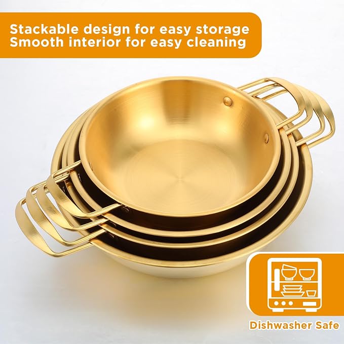 4-Piece Korean Ramen Pot for Stove, Stainless Steel Korean Noodle Pot with Handles, Golden Soup Pots & Cooking Pots for Home & Outdoor Use (Inner Diameter 7.7", 8.5", 9", 10")