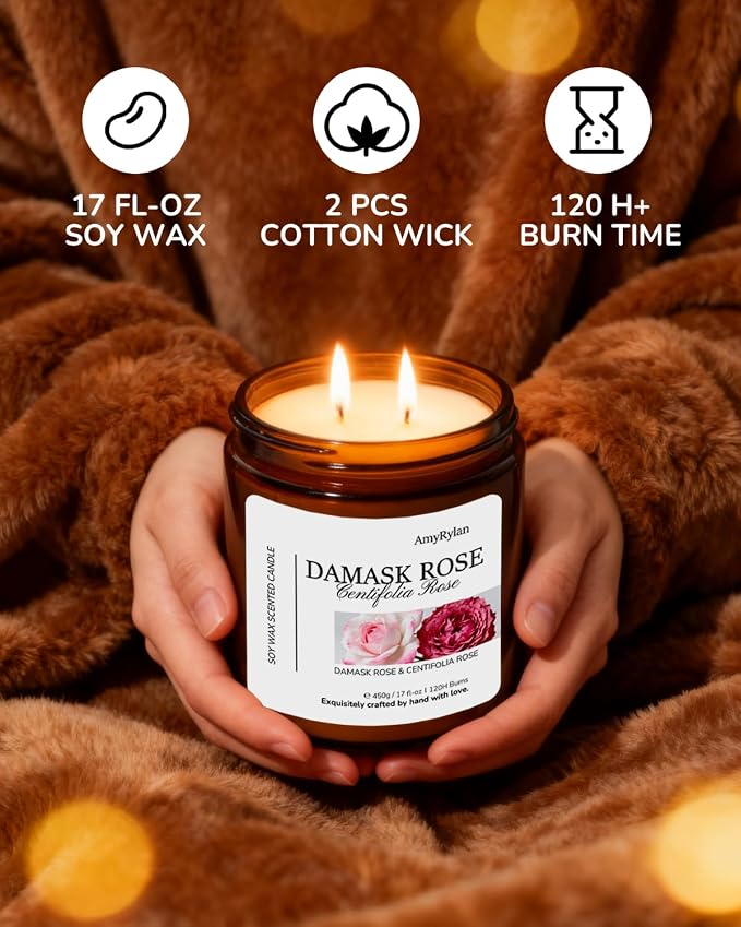 2 Wicks 17oz Large Non-Toxic Soy Wax Scented Candle, Damask Rose&Centifolia Rose 120 Hours of Burn Time, Long Lasting Candle for Gift, Cost-Effective Candle for Home Fragrance, Aromatherapy