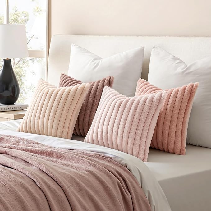 MIULEE Faux Fur Plush Decorative Throw Pillow Covers 16x16, Pink | Set of 4, Striped, Soft Cute Romantic Modern Cozy Home Decor, Cushion Cases for Sofa Couch Bed Living Room