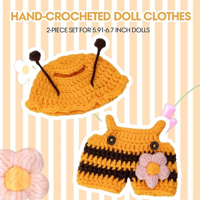 Hand-Crocheted Clothes for Labubu Clothes/for Labubu Outfits, 2-Piece Clothes Set for 17cm Lububu Doll, Doll Clothes Designer Accessories for La Bubu, Sweaters & Hat.(Bee Theme)