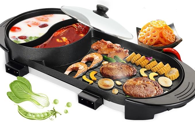 Electric Grill and Hot Pot,2 in 1 Multi-functional Indoor Smokeless Korean BBQ Grill Teppanyaki Hot Pot with Independent Dual Temperature Control,2-8 People Capacity,110V