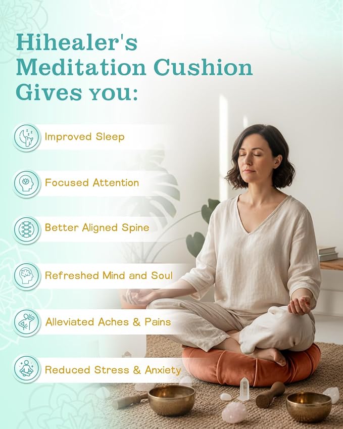 Hihealer Premium Crescent Meditation Cushion, Ergonomic Buckwheat Hull Floor Pillow for Adults, Comfortable Yoga Bolster for Meditation & Floor Sitting (Orange)