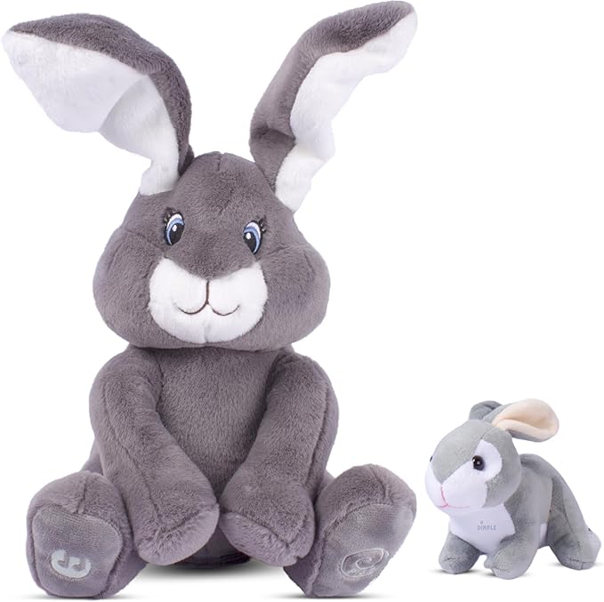 Dimple Bunny Set - Milo Stuffed Bunny Toy, Animated Interactive Rabbit with Peek-a-Boo Feature with Singing Songs and Grey Plush Baby Rabbit, Perfect Baby Plush Toy Gift for Ages 0 an Up